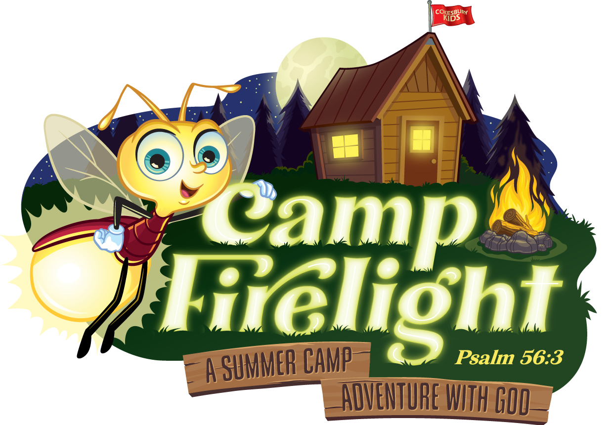 Camp Firelight logo, with Lou the Lightning Bug